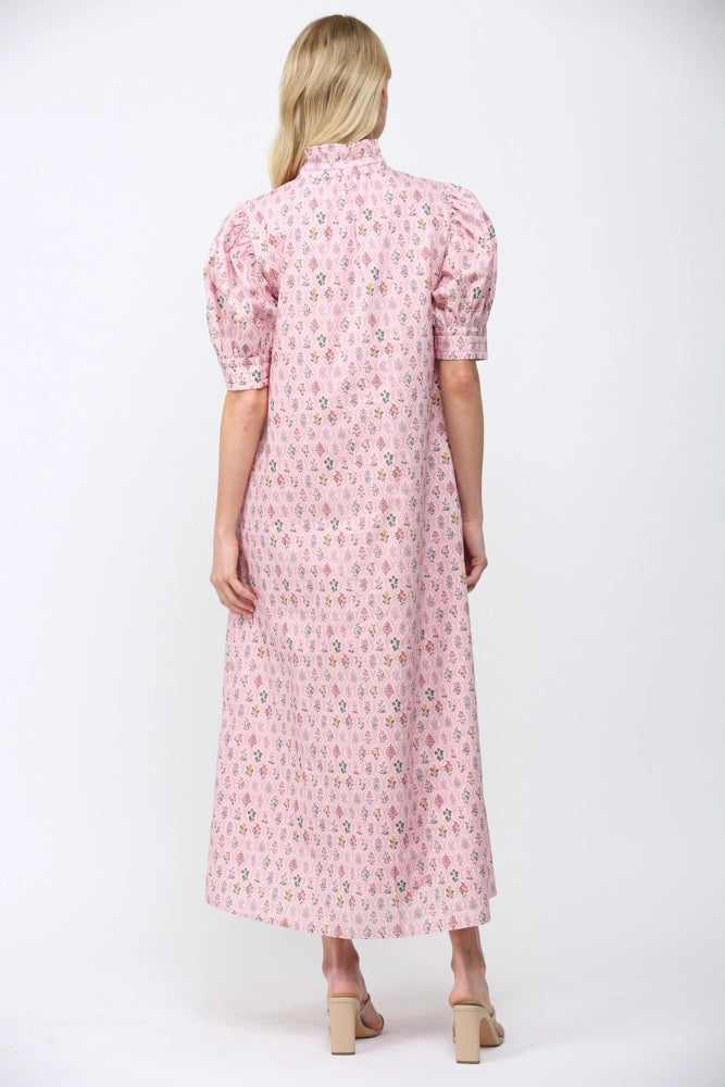 Pink Floral High Ruffle Mock Neck Button Down Maxi Dress