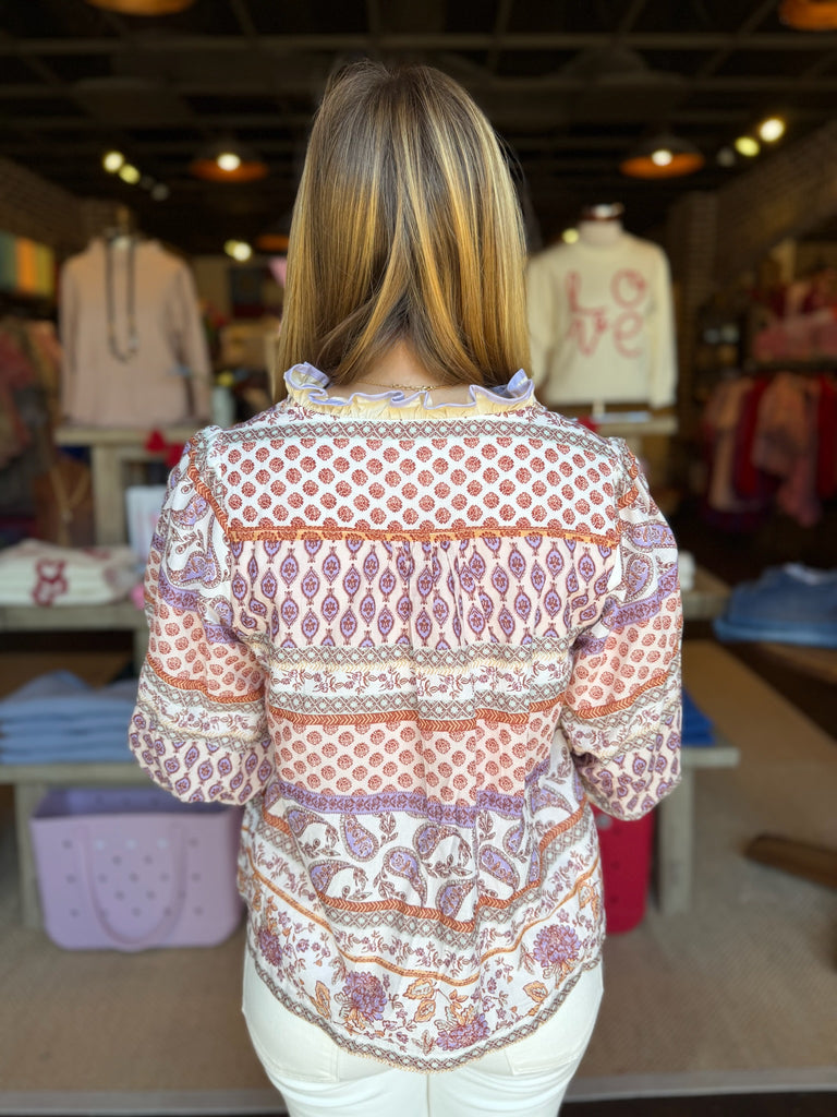 Sand Multi Bubble Sleeve V-Neck Top