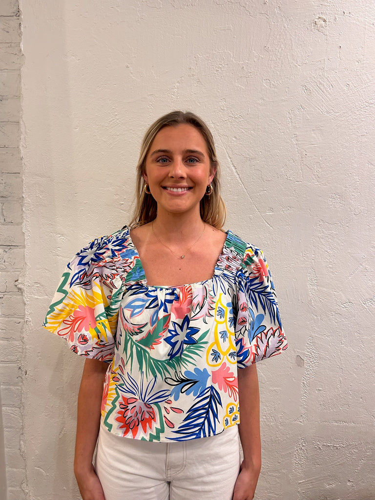 Multi Palm Poplin Square Neck Top