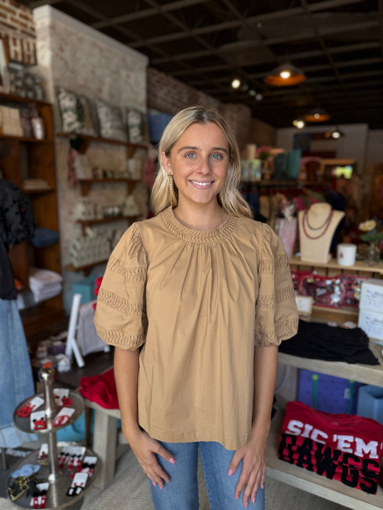 Tan Pintuck Detail Puff Sleeve Top
