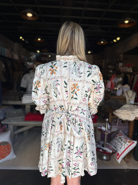 Ecru Floral Ruffle Puff Sleeve Mini Dress  Empire South