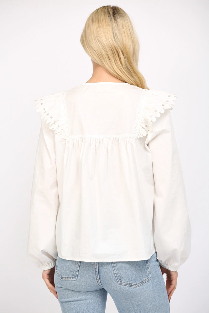 Off White Tuck Detail Tassel Trimmed Tie Neck Top