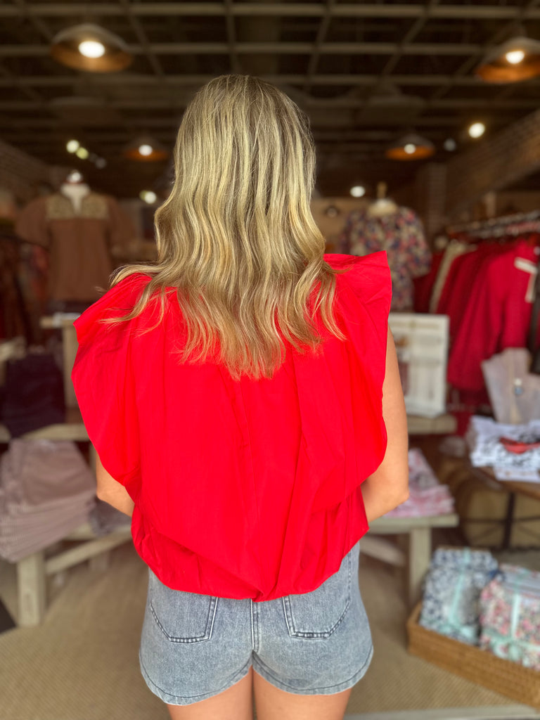 Solid Poplin V-Neck Bubble Top