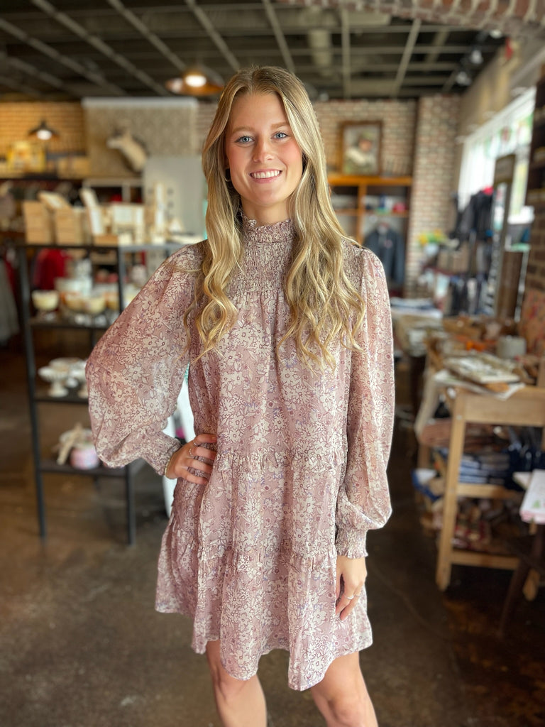 Mauve Floral Smock Tiered Dress