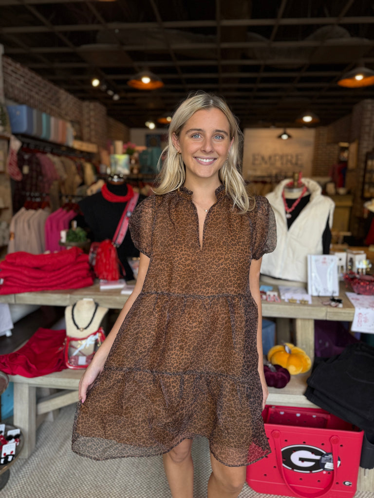 Brass Leopard Organza Tiered Mini Dress