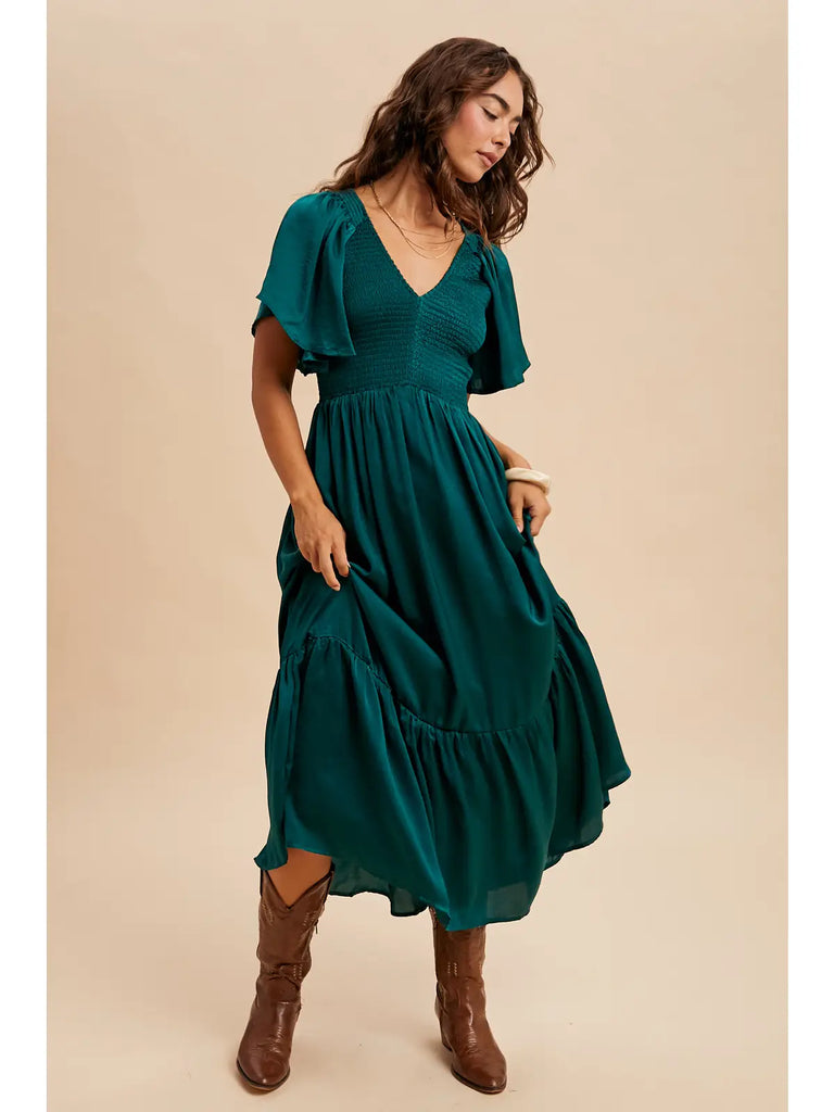 Smocked Washed Satin Midi Dress
