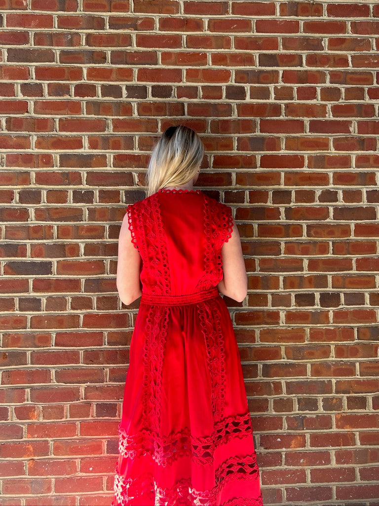 FINAL SALE - Red Scallop Edge Crochet Trim Satin Midi Dress