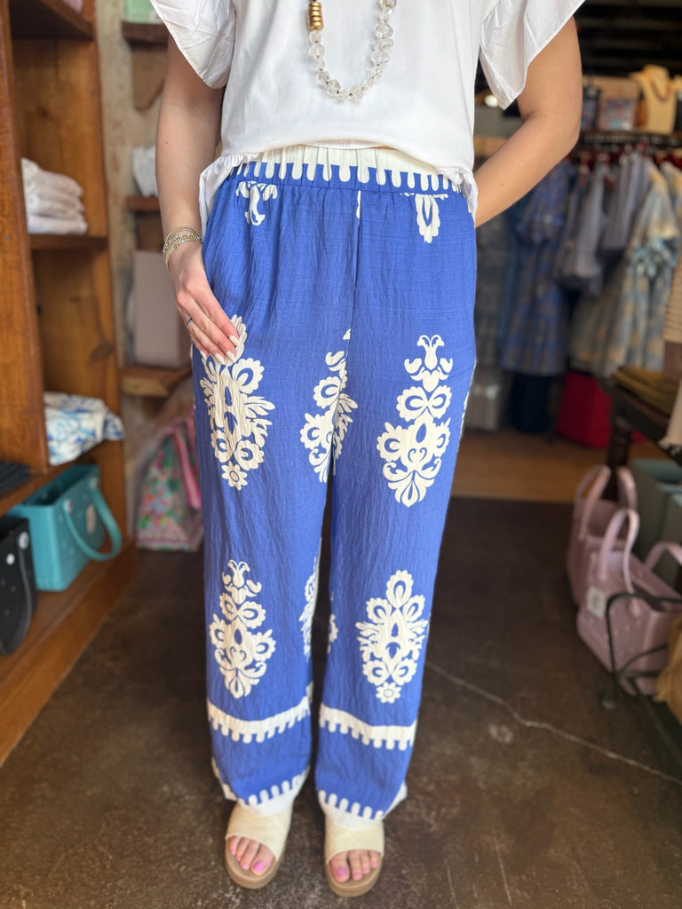 Blue Wide Leg Print Pant