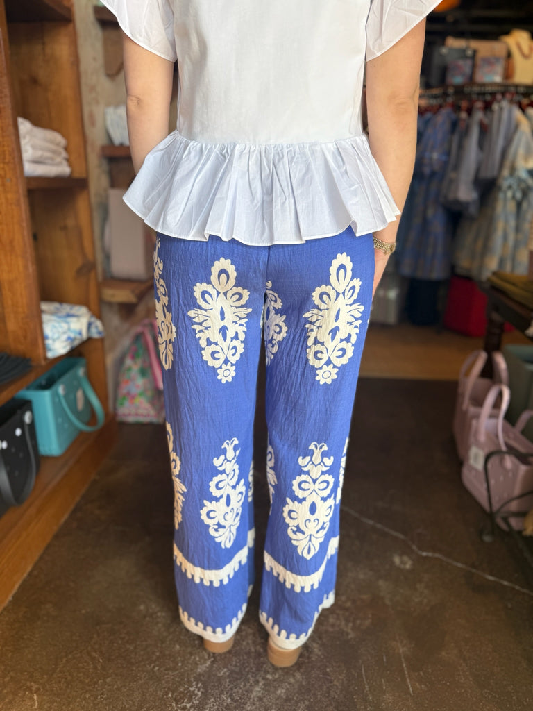 Blue Wide Leg Print Pant
