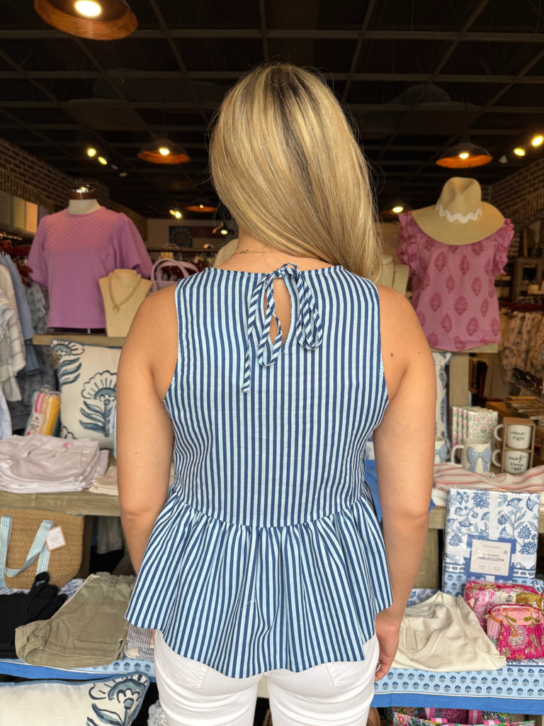 Blue Peplum Sleeve Striped Top