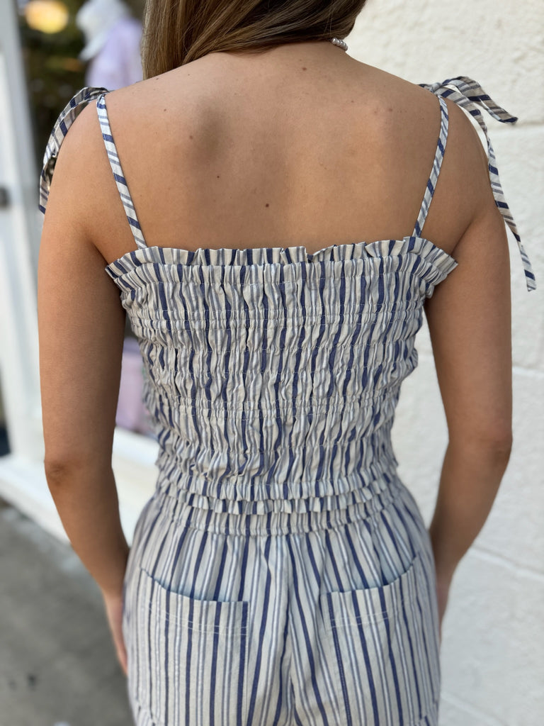 White Stripe Tie Smocked Top
