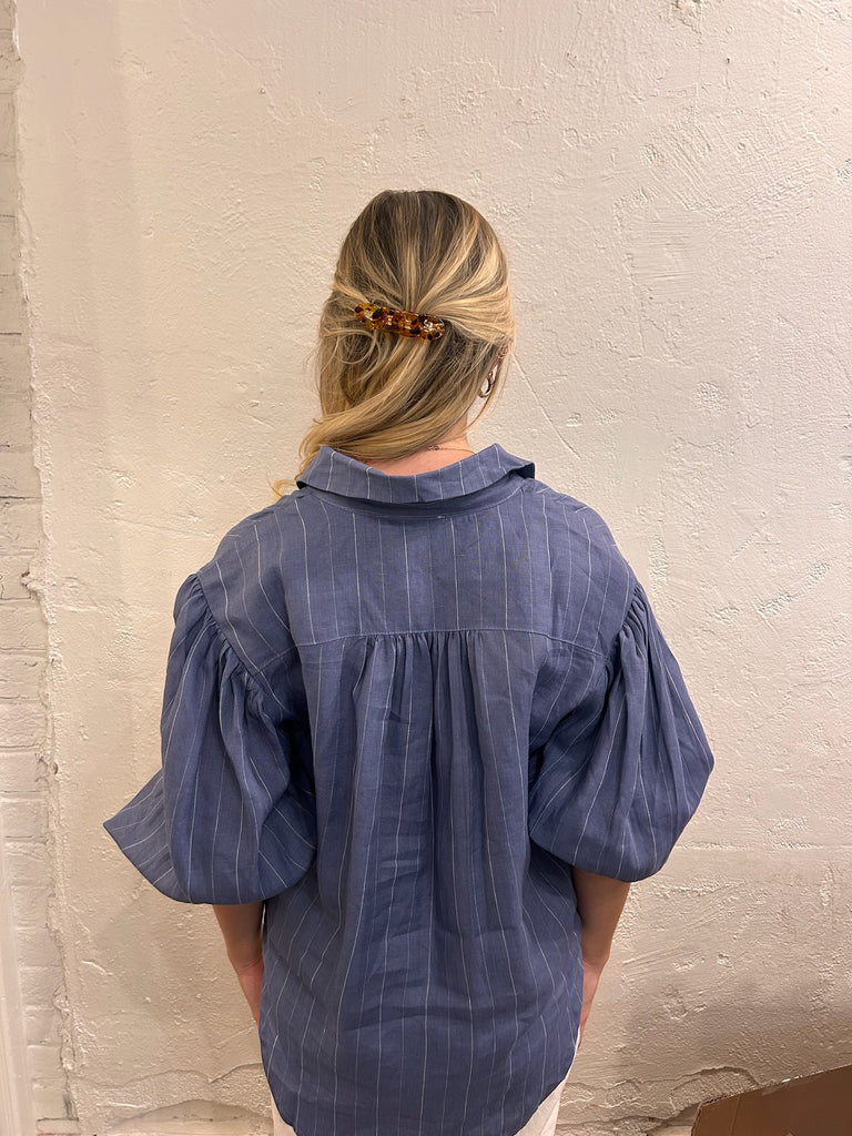 Blue Stripe Puff Sleeve Button Up Top
