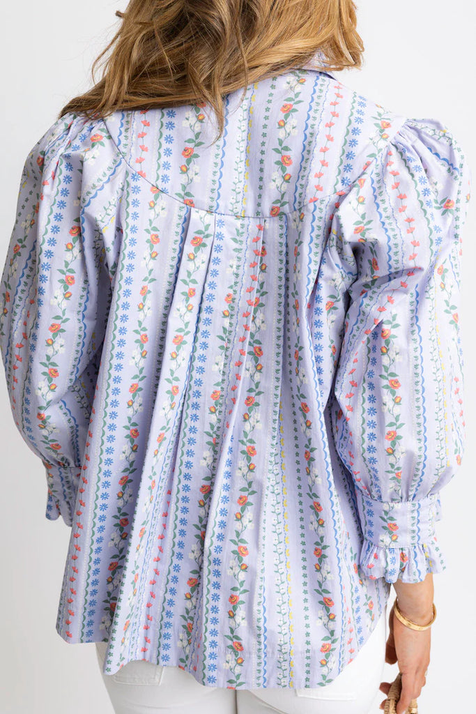 Periwinkle Floral French Vine Button-Up Top With Ruffle Slv
