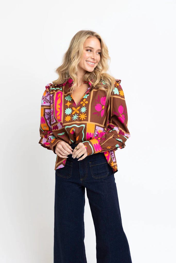 FINAL SALE - Brown Floral Frame V-Neck Ruffle Top