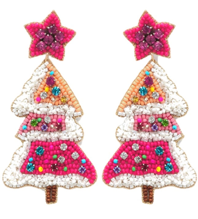 Beaded Pink Christmas Tree Earrings