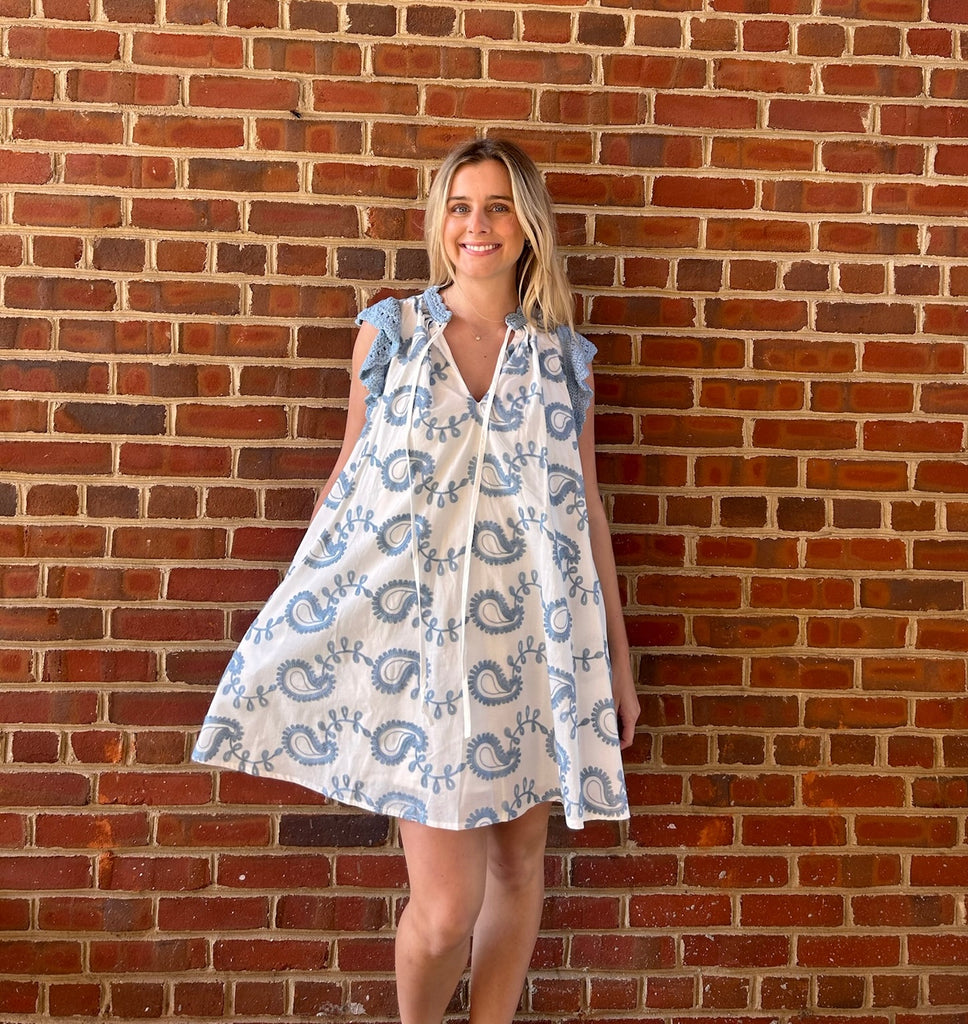 Blue/White Crochet Knit Sleeve Paisley Dress