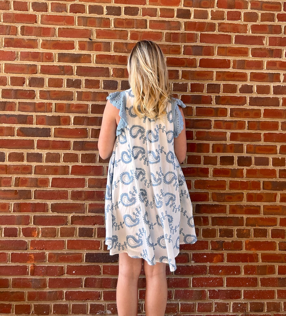 Blue/White Crochet Knit Sleeve Paisley Dress