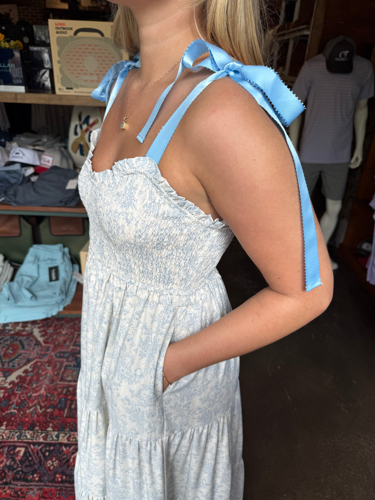 Empire Neck Line Blue Floral Tiered Maxi Dress