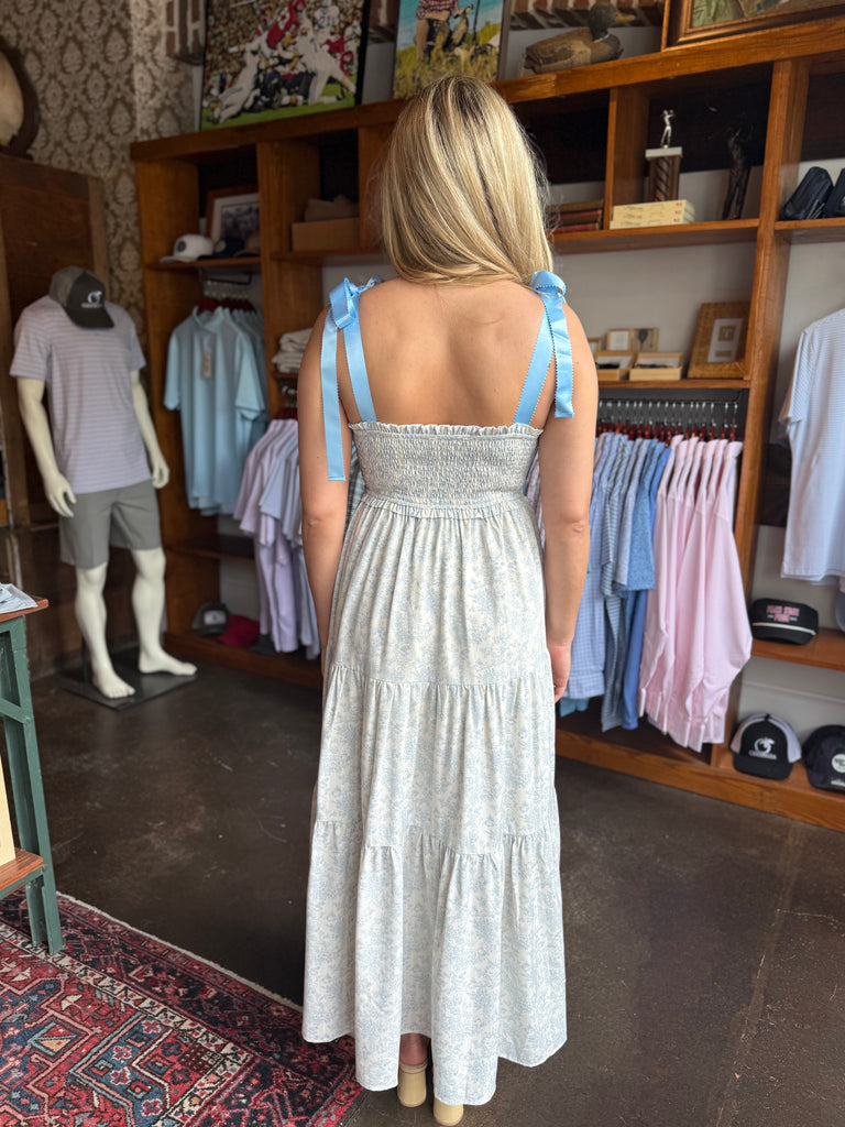 Empire Neck Line Blue Floral Tiered Maxi Dress