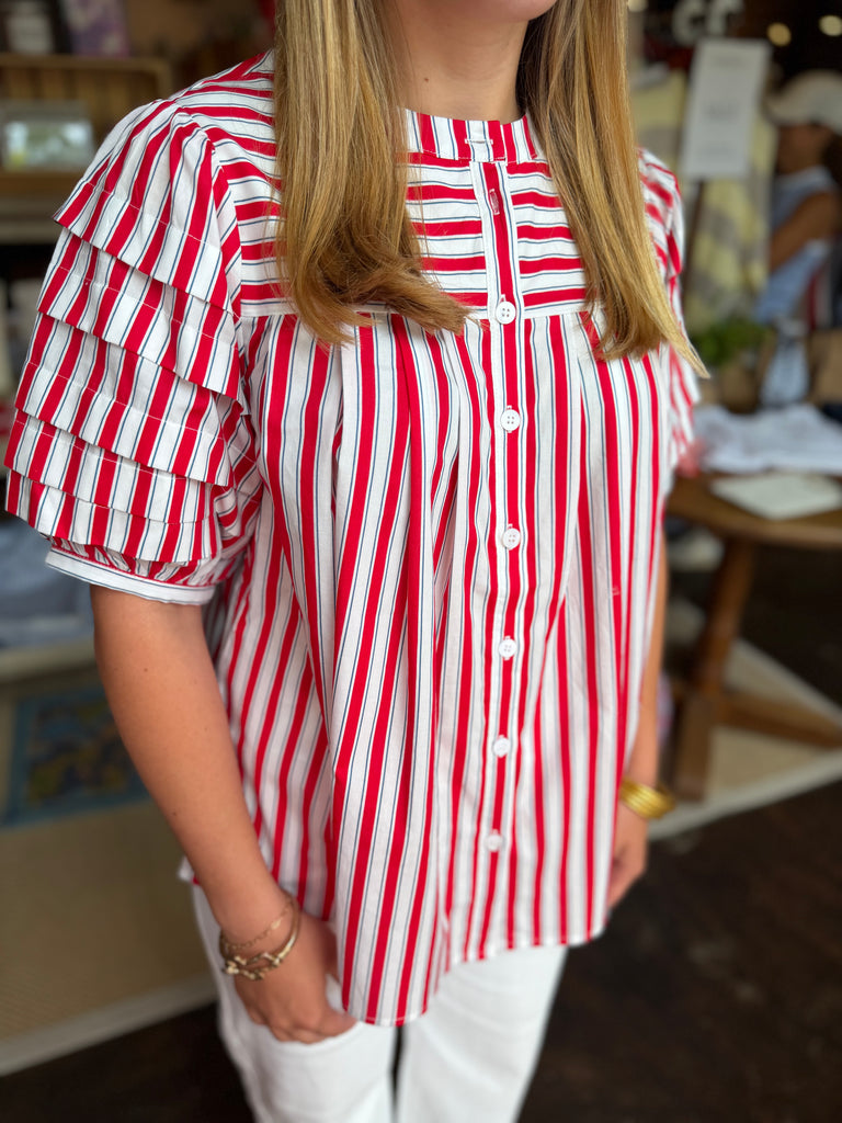 Red Stripe "America" Pleat Sleeve Top