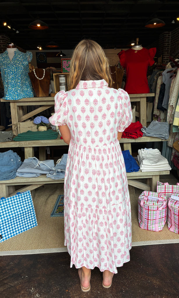 Pink Floral Print Puff Sleeve Tiered Midi Dress