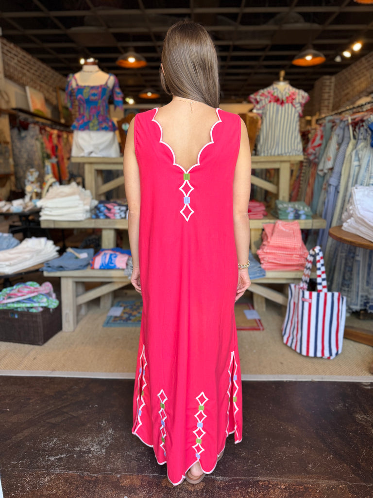 Coral Solid V-Neck Scallop Dress w/ Embroidery
