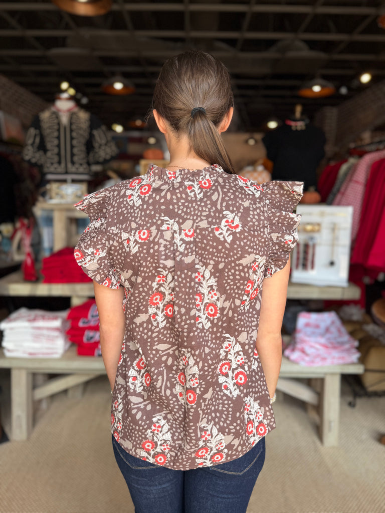 Brown Floral Smocking Top