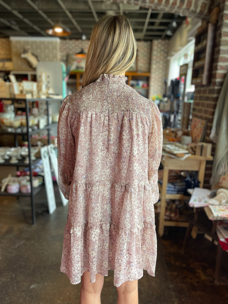 Mauve Floral Smock Tiered Dress