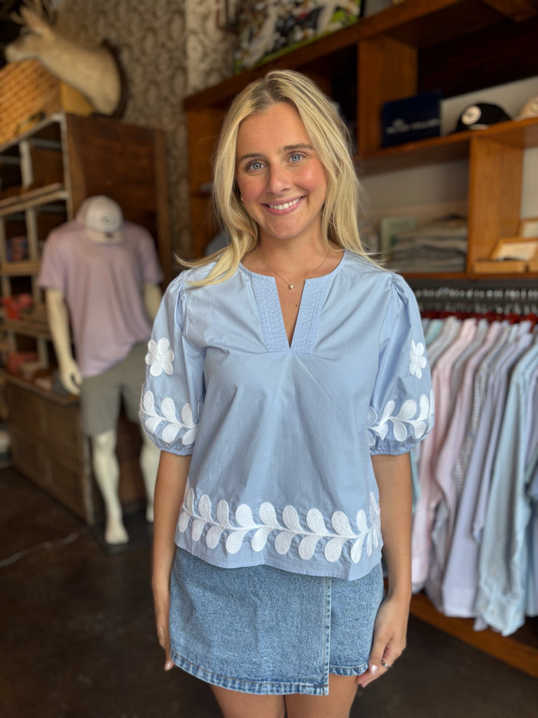 Chambray & White Flower Embroidery Top
