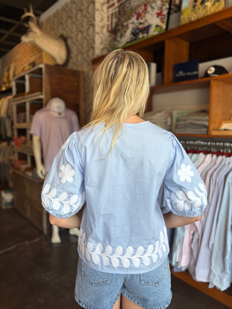 Chambray & White Flower Embroidery Top