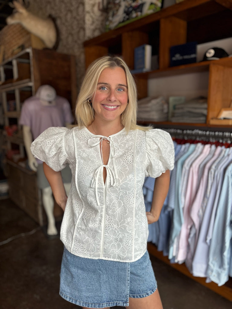 Off White Eyelet Front-Tie Blouse Top