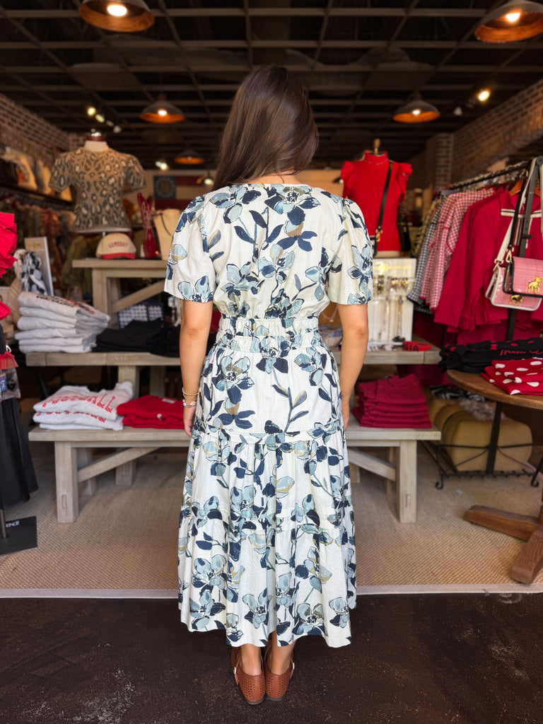 Navy Printed Tiered Midi Dress